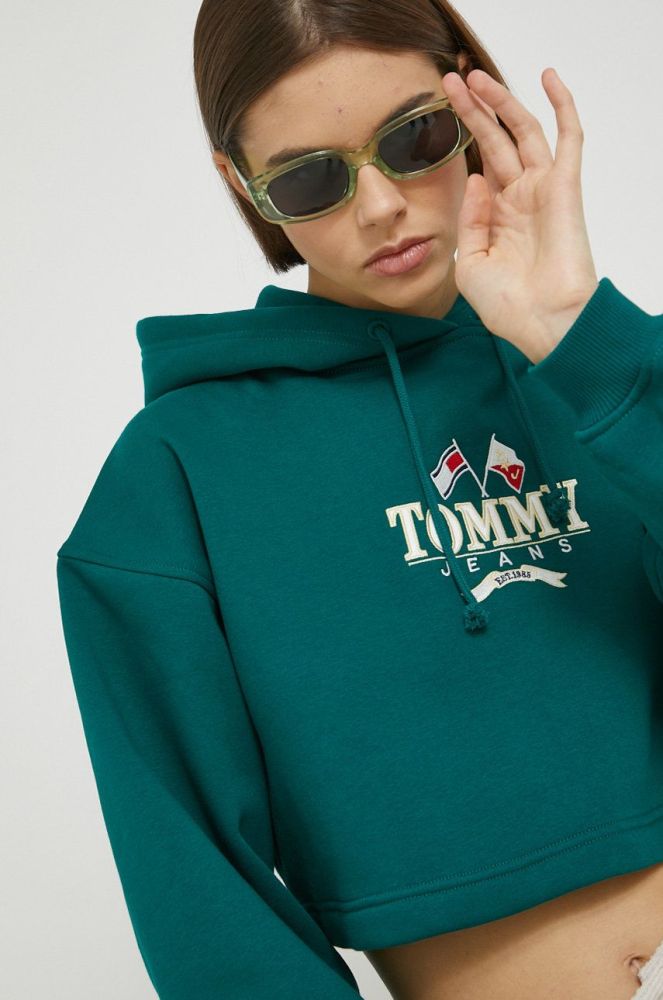 кофта Tommy Jeans жіноча колір зелений з капюшоном з аплікацією