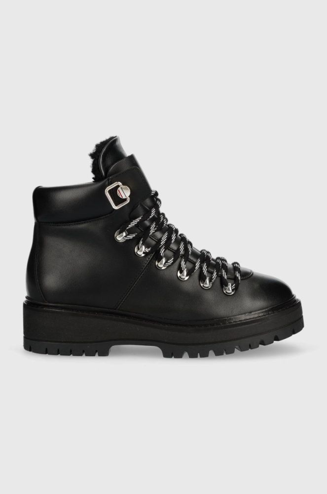 Черевики Tommy Hilfiger Leather Outdoor Flat Boot жіночі колір чорний на платформі злегка утеплена