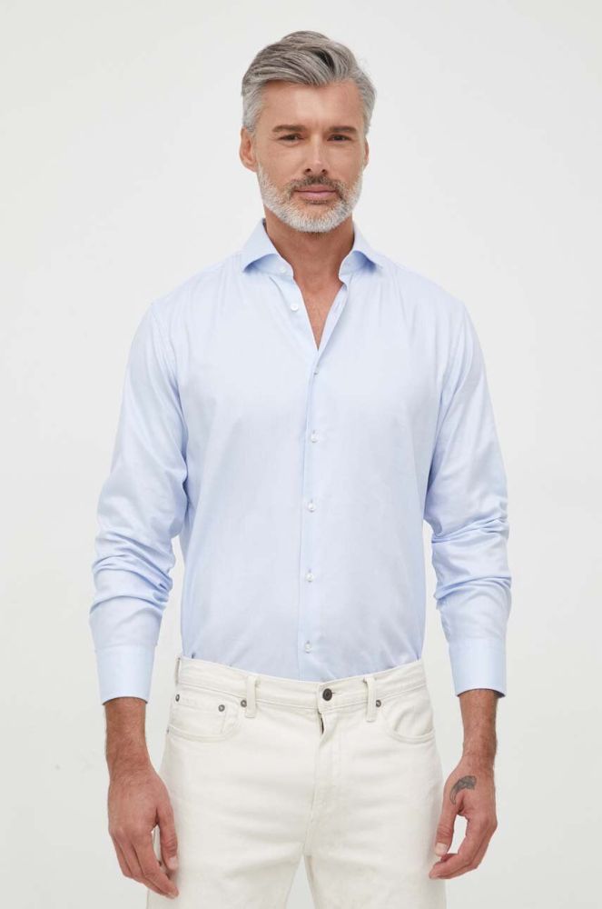 Бавовняна сорочка BOSS чоловіча regular з італійським коміром колір блакитний (3481418)