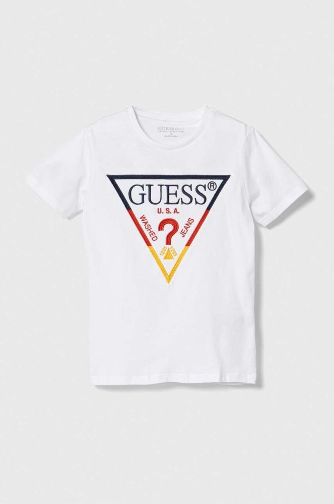 Дитяча бавовняна футболка Guess колір білий з аплікацією (3366813)