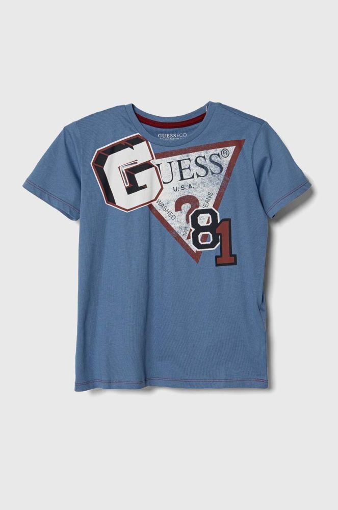 Дитяча бавовняна футболка Guess з принтом колір блакитний (3404861)