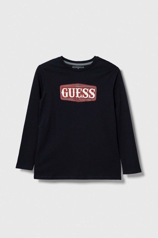 Дитячий бавовняний лонгслів Guess колір синій з принтом (3516360)