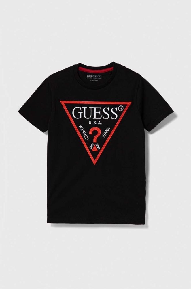 Дитяча бавовняна футболка Guess колір чорний з аплікацією (3603485)