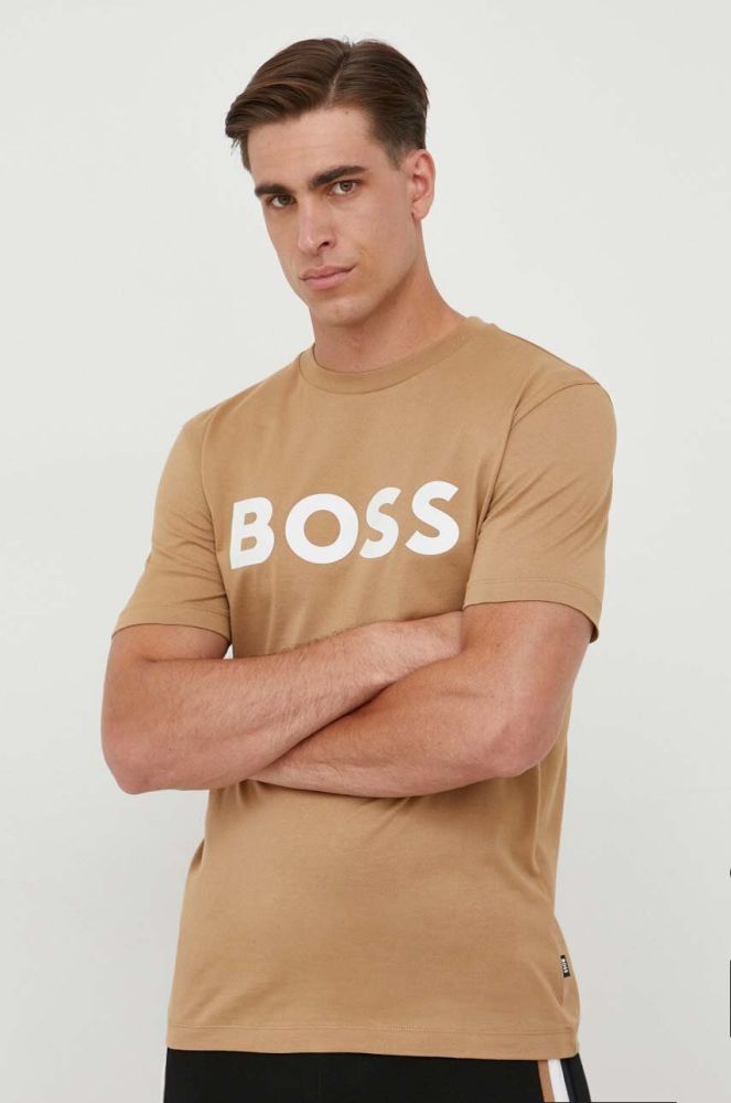 Бавовняна футболка BOSS колір бежевий з принтом (3360798)