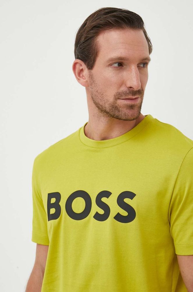 Бавовняна футболка BOSS колір зелений з принтом (3360813)