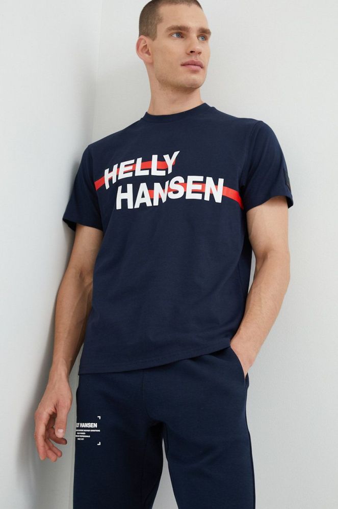 Бавовняна футболка Helly Hansen колір синій з принтом