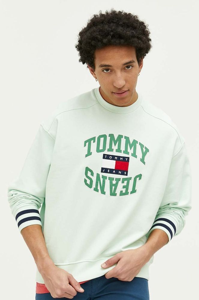 Бавовняна кофта Tommy Jeans чоловіча колір зелений з аплікацією (3184736)