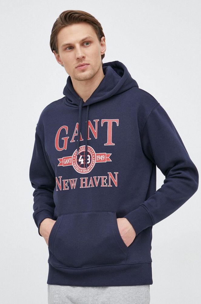 Кофта Gant чоловіча колір синій з капюшоном з принтом (3094392)