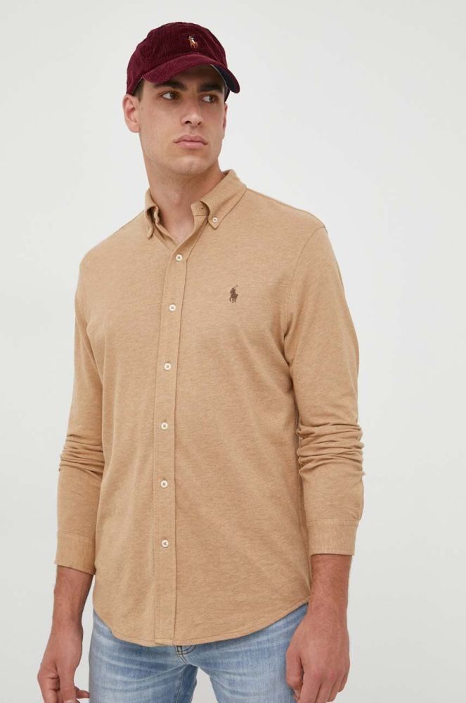 Бавовняна сорочка Polo Ralph Lauren чоловіча колір бежевий regular комір button-down