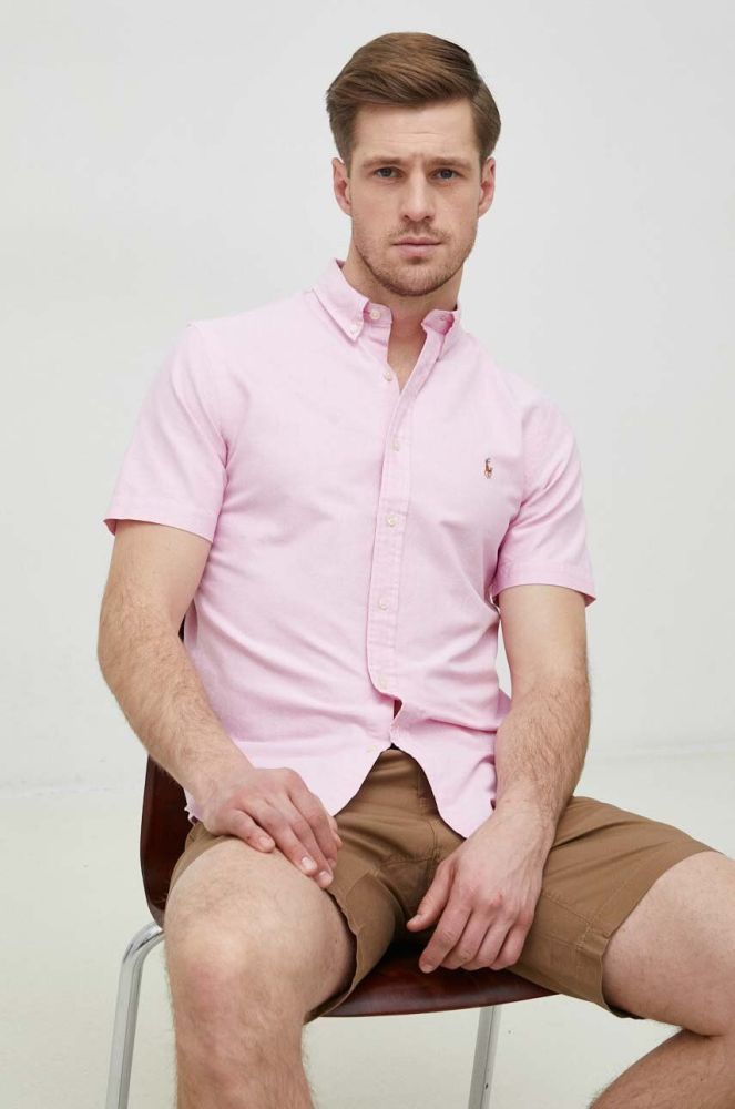Бавовняна сорочка Polo Ralph Lauren чоловіча колір рожевий slim комір button-down (3069832)