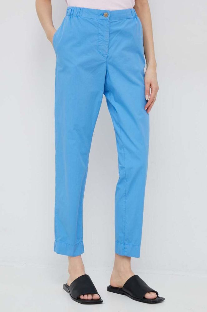 Бавовняні штани Tommy Hilfiger пряме висока посадка колір блакитний