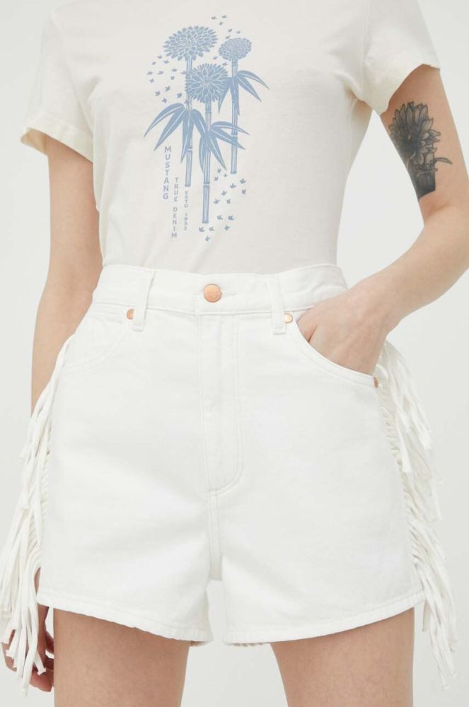 Джинсові шорти Wrangler Fringed Festival жіночі колір білий однотонні висока посадка
