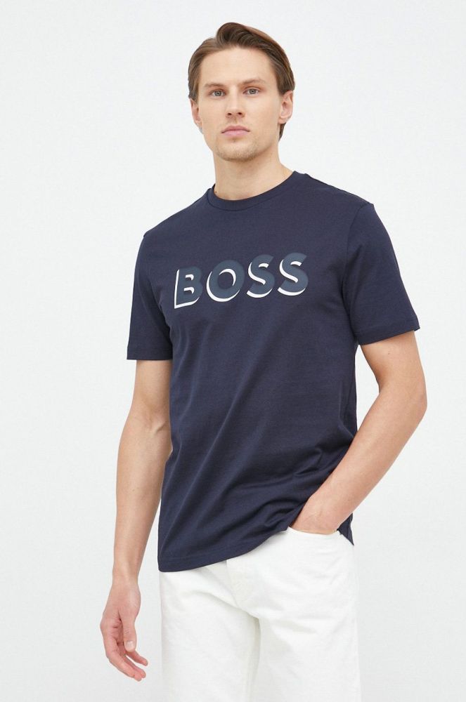 Бавовняна футболка BOSS колір синій з принтом (2915444)