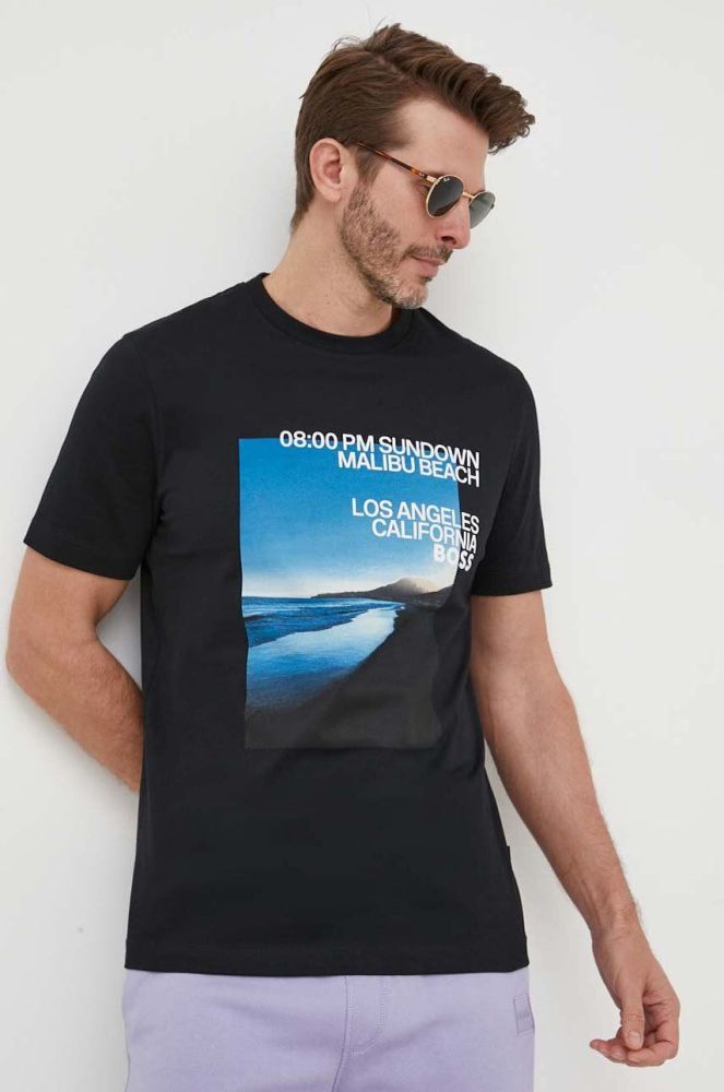 Бавовняна футболка BOSS колір чорний з принтом (3220158)