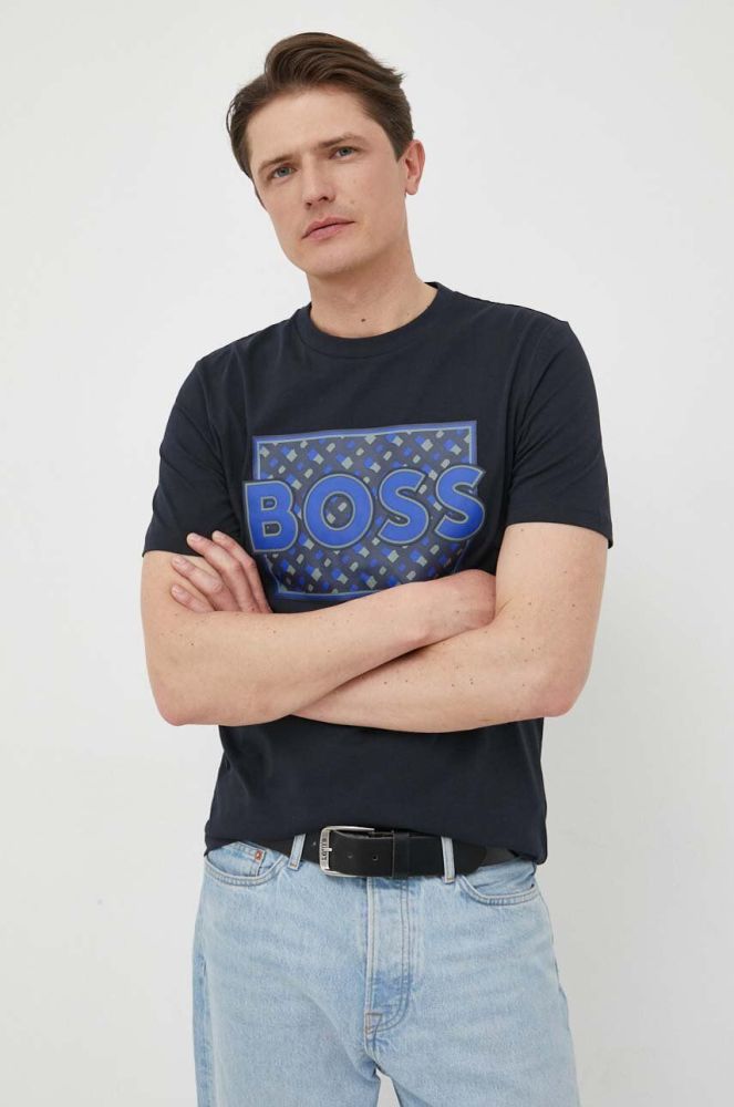 Бавовняна футболка BOSS колір синій з принтом (3225282)