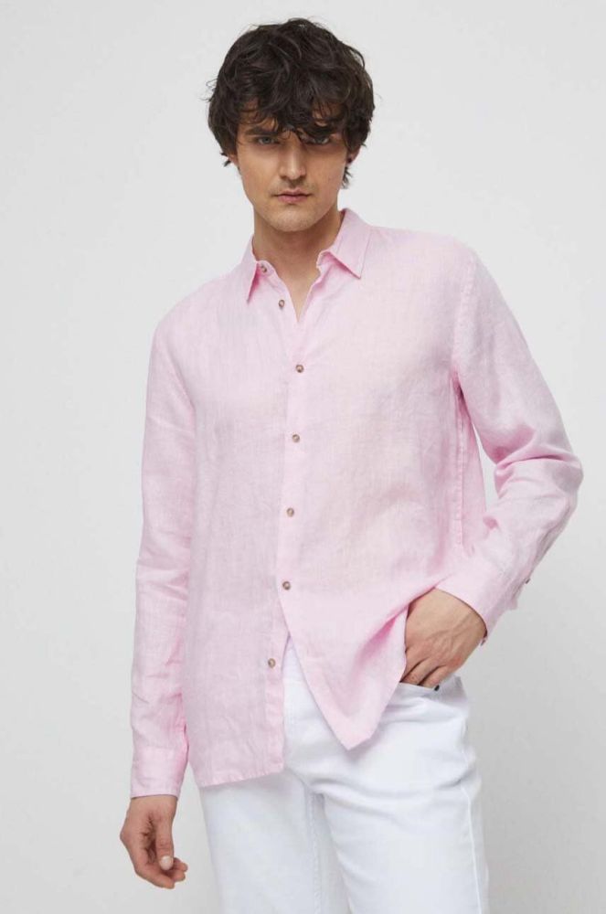 Сорочка з льону Medicine чоловіча колір рожевий regular класичний комір