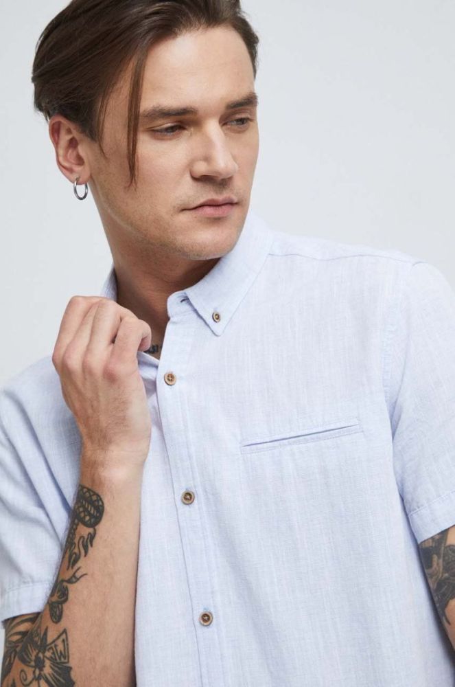 Сорочка з льону Medicine чоловіча regular комір button-down колір блакитний фото 5