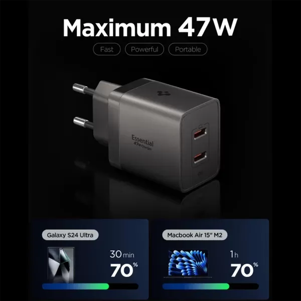 Мережевий зарядний пристрій Spigen Essential Wall Charger EE472EU (2×USB-C) 47W Gunmetal (ACH10450) фото 2