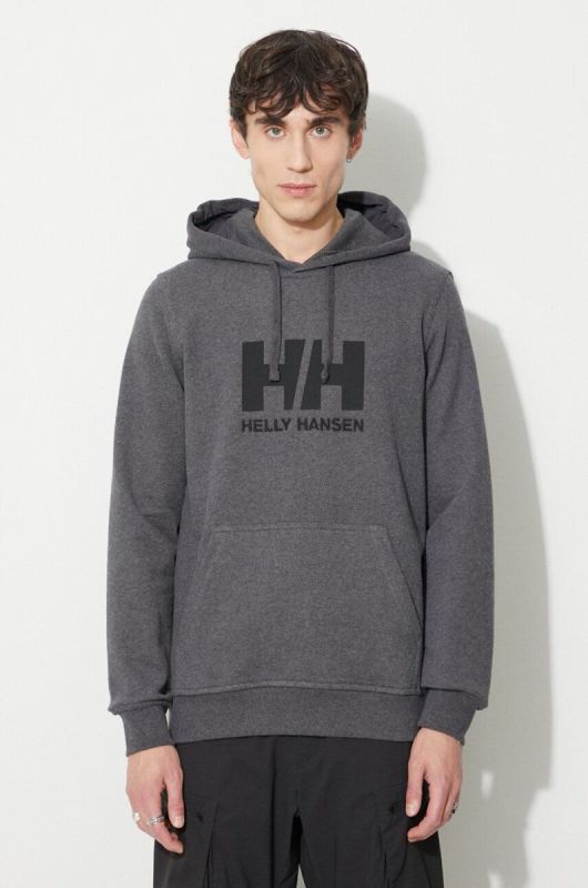 Бавовняна кофта Helly Hansen чоловіча колір сірий з капюшоном з аплікацією