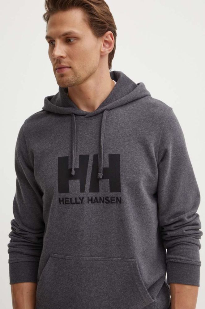 Бавовняна кофта Helly Hansen чоловіча колір сірий з капюшоном з аплікацією фото 4