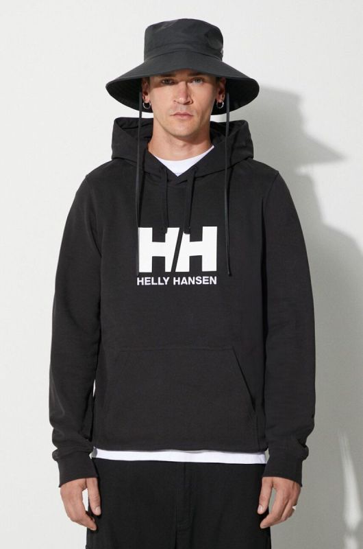 Бавовняна кофта Helly Hansen чоловіча колір чорний з капюшоном з аплікацією 33977-597