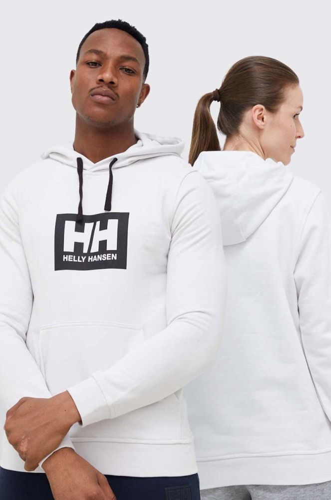 Бавовняна кофта Helly Hansen колір сірий з капюшоном з принтом 53289-597