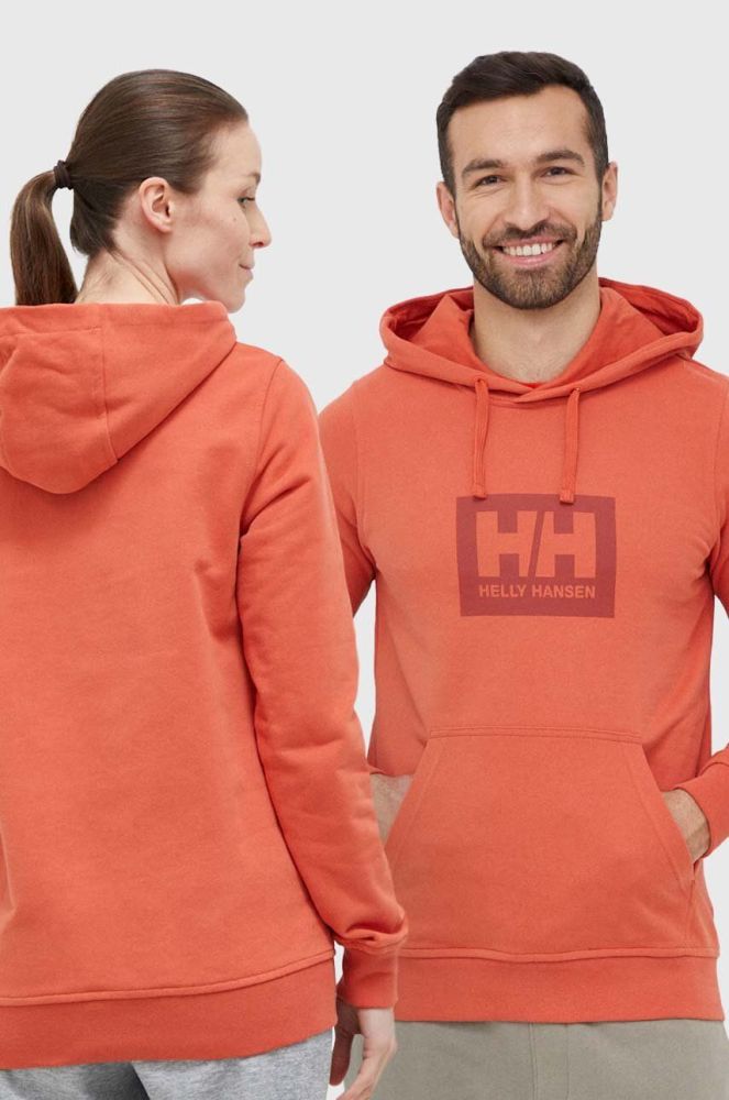 Бавовняна кофта Helly Hansen колір помаранчевий з капюшоном з принтом 53289-597