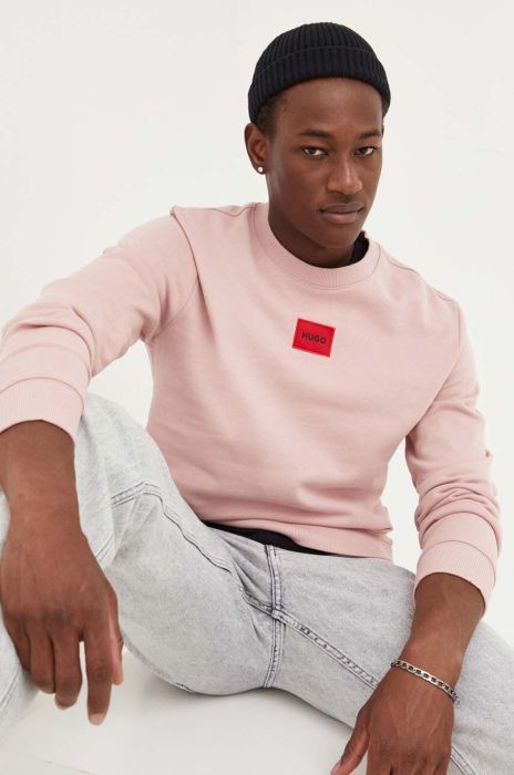 Бавовняна кофта HUGO чоловіча колір рожевий з аплікацією (3347556)