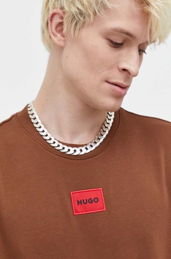 Бавовняна кофта HUGO чоловіча колір коричневий з аплікацією фото 5