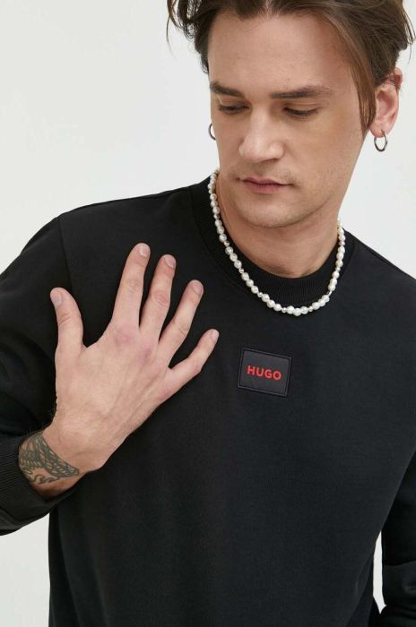 Бавовняна кофта HUGO чоловіча колір чорний з аплікацією (3080384)