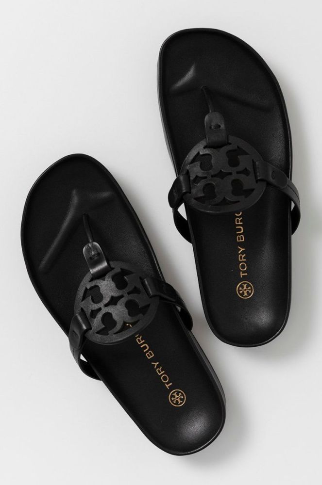 Шкіряні в'єтнамки Tory Burch жіночі колір чорний на плоскому ходу (1436004) фото 4