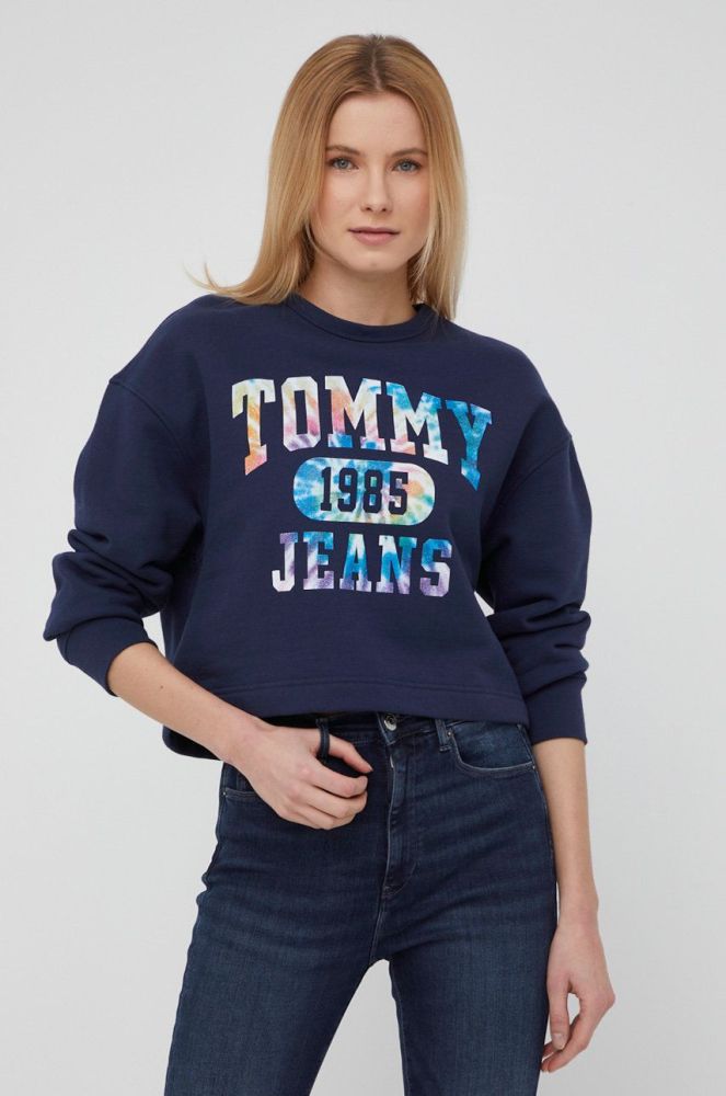Бавовняна кофта Tommy Jeans жіноча колір синій з принтом (2015429)