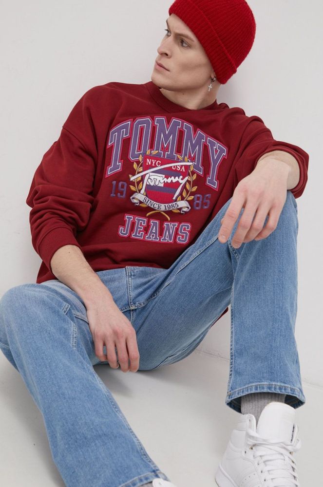 Бавовняна кофта Tommy Jeans чоловіча колір бордовий з аплікацією