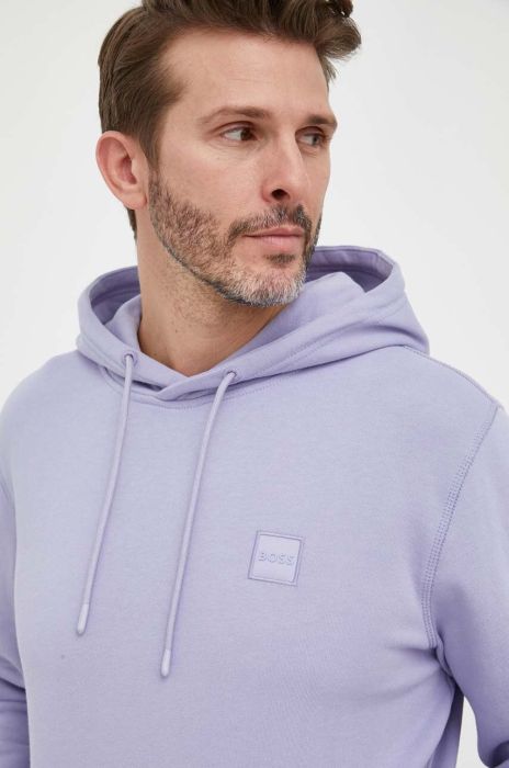 Бавовняна кофта BOSS BOSS CASUAL чоловіча колір фіолетовий з капюшоном однотонна Бавовняна кофта BOSS BOSS CASUAL чоловіча колір фіолетовий з капюшоном однотонна