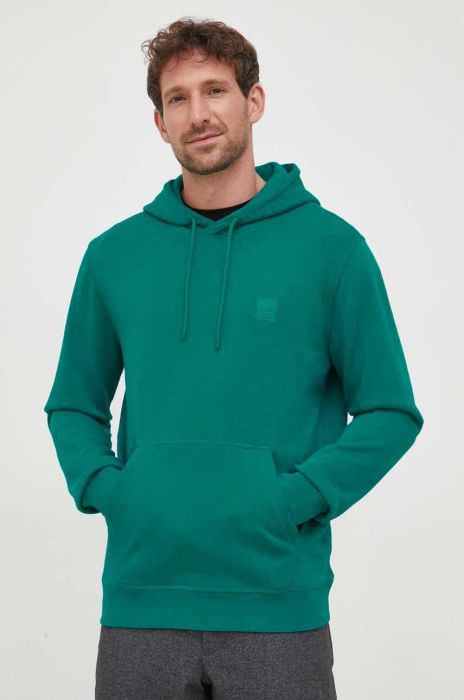Бавовняна кофта BOSS BOSS CASUAL чоловіча колір зелений з капюшоном однотонна