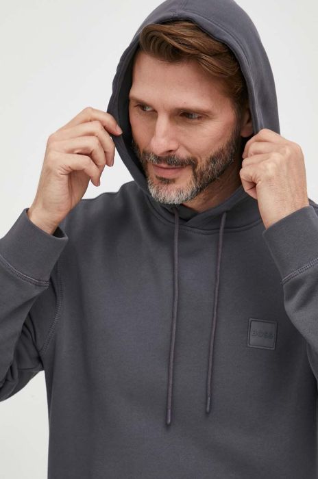 Бавовняна кофта BOSS BOSS CASUAL чоловіча колір сірий з капюшоном однотонна (3217733)