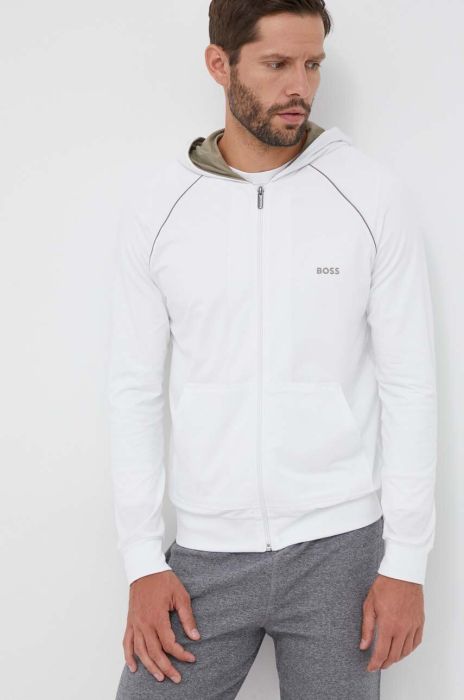 Кофта лаунж BOSS колір бежевий з капюшоном однотонна