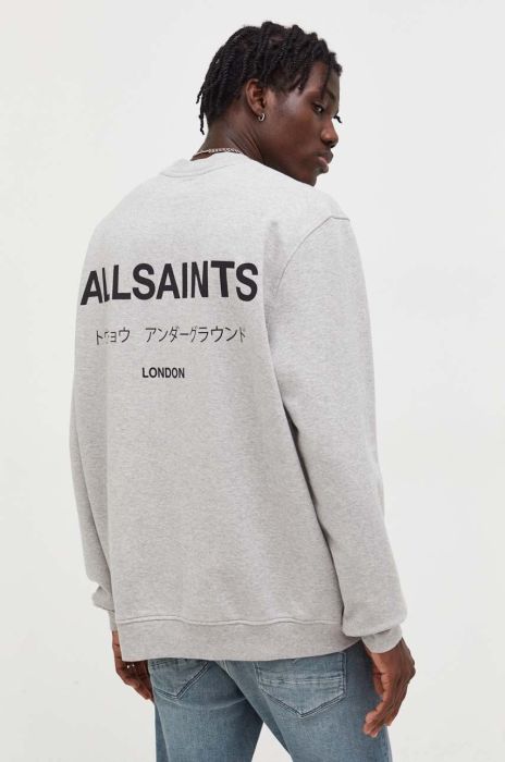 Бавовняний лонгслів AllSaints колір сірий з принтом