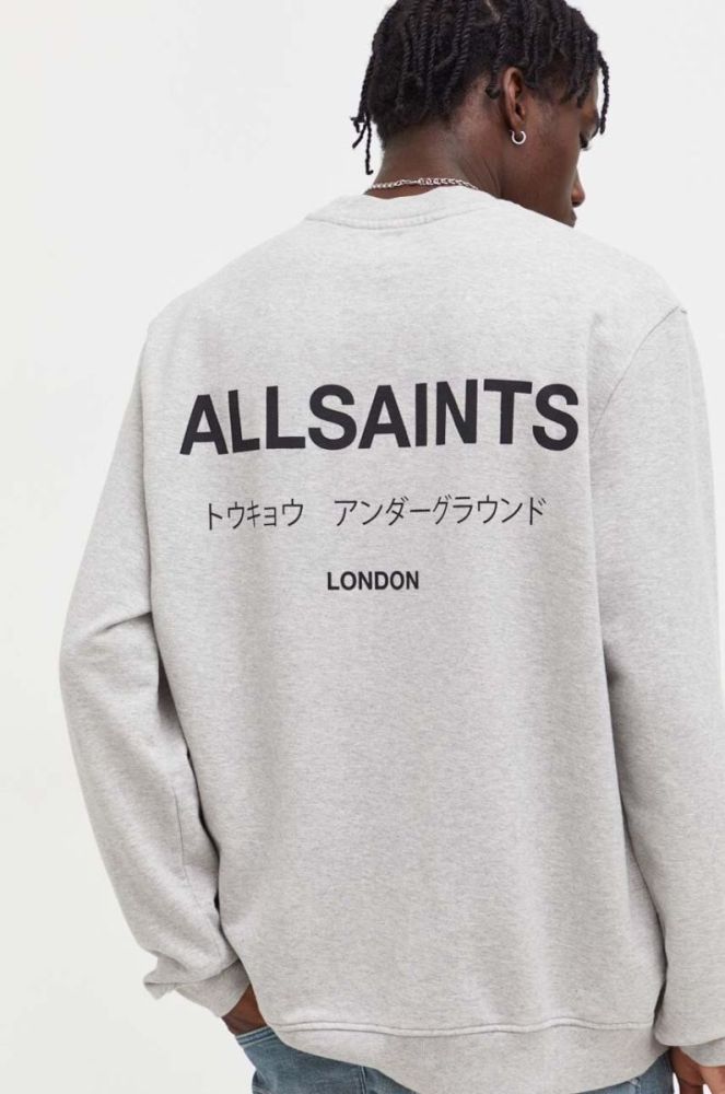 Бавовняний лонгслів AllSaints колір сірий з принтом фото 4