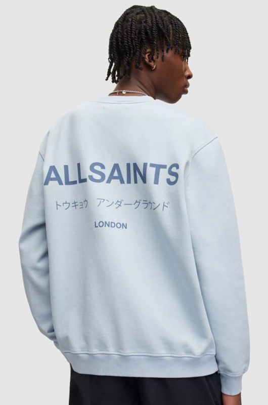 Бавовняний лонгслів AllSaints з принтом колір блакитний (3517723)