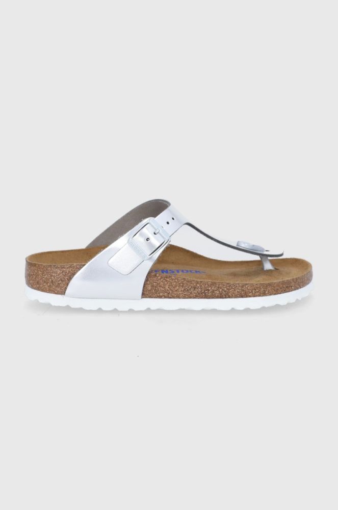 Шкіряні в'єтнамки Birkenstock Gizeh жіночі колір срібний на плоскому ходу Narrow Width 1003675-Silver