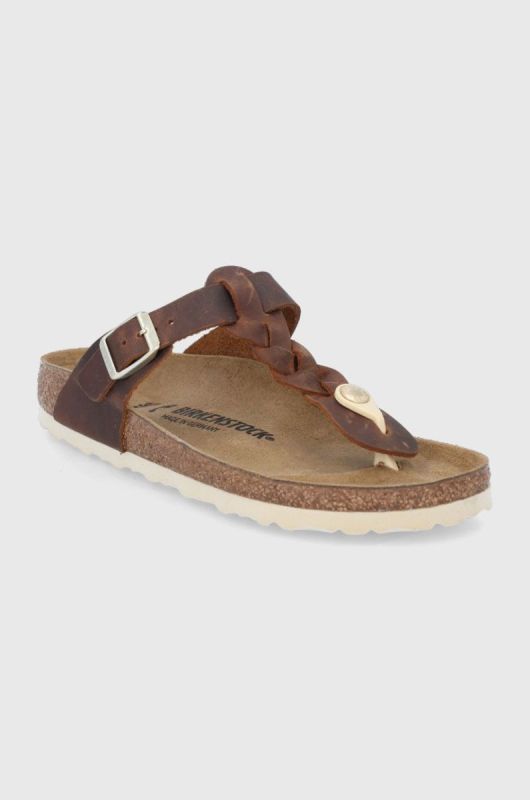 Шкіряні в'єтнамки Birkenstock Gizeh Braided жіночі колір коричневий на плоскому ходу Narrow Width 1021336-Cognac фото 2