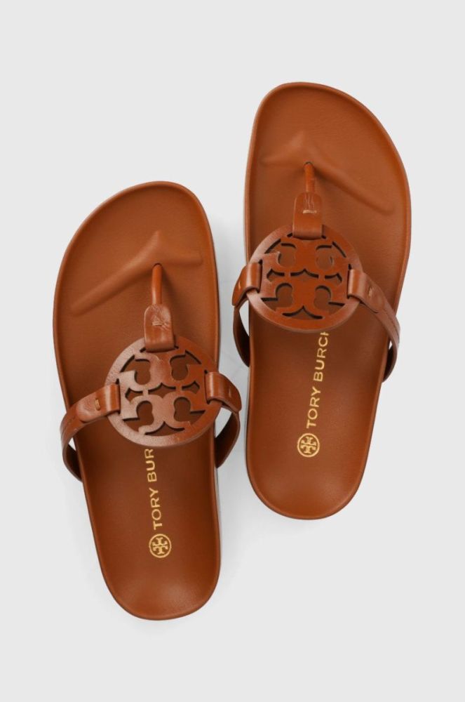 Шкіряні в'єтнамки Tory Burch Miller жіночі колір коричневий на плоскому ходу фото 4