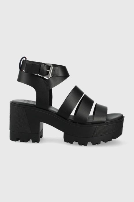 Шкіряні сандалі Tommy Jeans жіночі колір чорний каблук блок