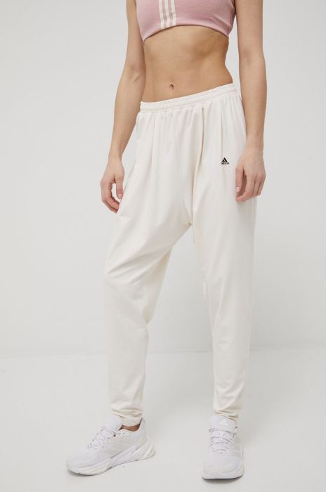 Штани adidas Performance HF5421 жіночі колір бежевий однотонні