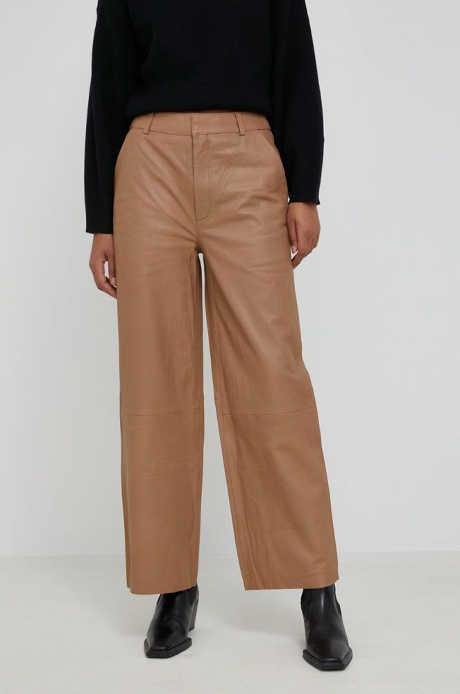 Шкіряні штани Gestuz жіночі колір бежевий пряме висока посадка