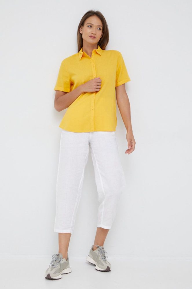 Льняні штани United Colors of Benetton жіночі колір білий пряме висока посадка (2461381)