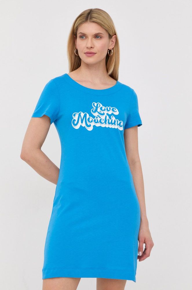 Бавовняна сукня Love Moschino mini пряма колір блакитний (2289849)