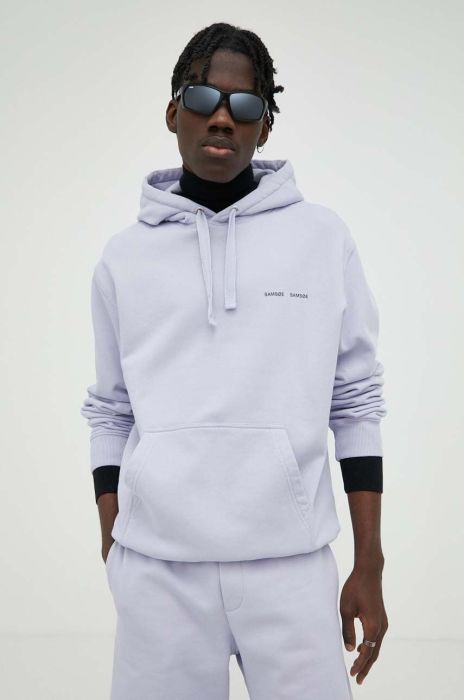 Бавовняна кофта Samsoe Samsoe чоловіча колір фіолетовий з капюшоном з принтом