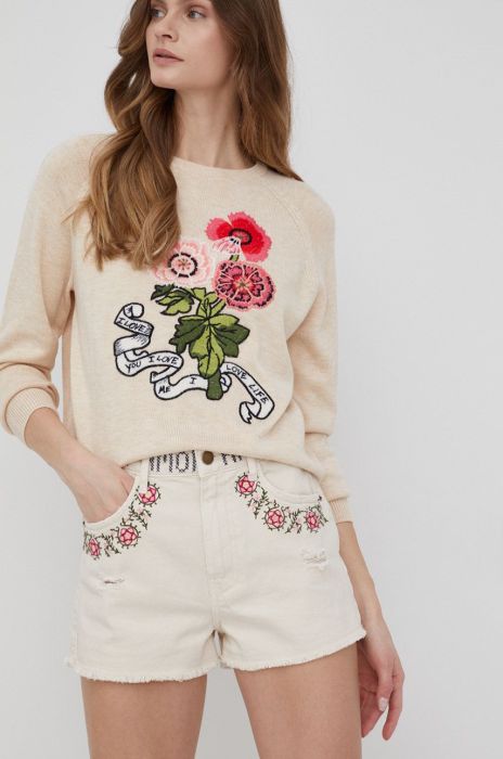 Джинсові шорти Desigual жіночі колір бежевий з аплікацією висока посадка